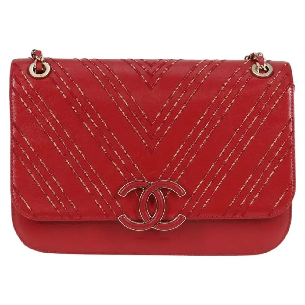 Chanel Lambskin Chain V Stitch Shoulder Bag Red